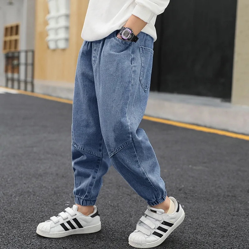 New Spring Autumn Pocket Black Kids Jeans Elastic Waist 2-13 Years Old Boys Girls Denim Trousers Cute Children Pants