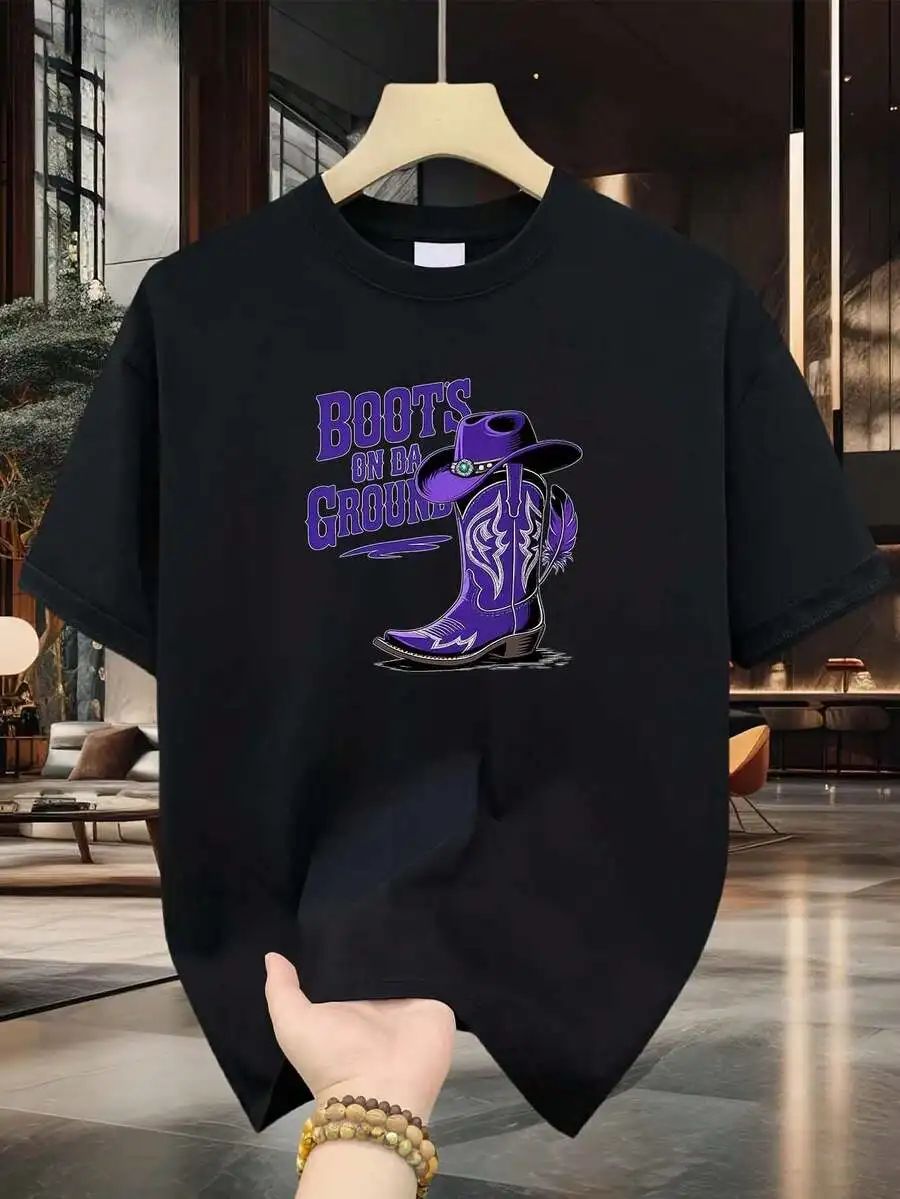 Mens Black Cotton T-Shirt With Western Boots And Hat Print