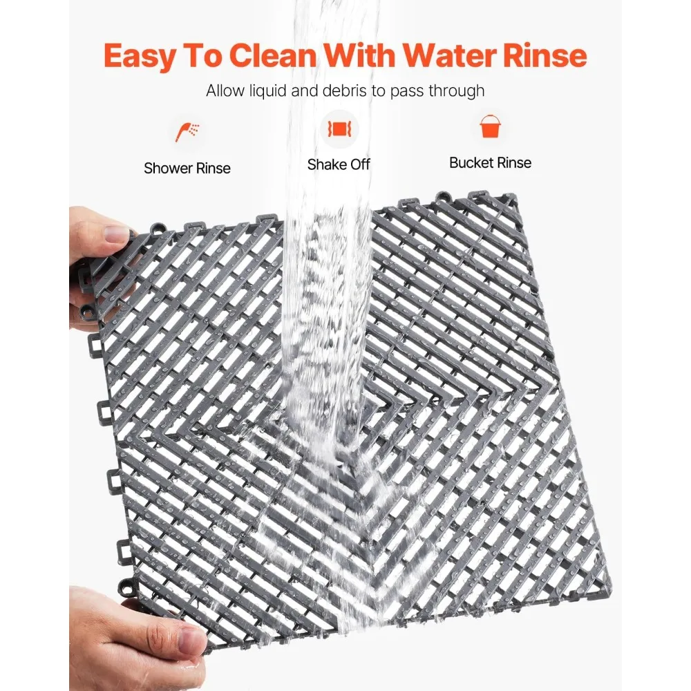 سجادات تصريف متشابكة معيارية، 12 × 12 سجادًا من مادة البولي بروبيلين الرمادية غير قابلة للانزلاق، 12 قطعة للربط، وسادة تصريف متينة #4