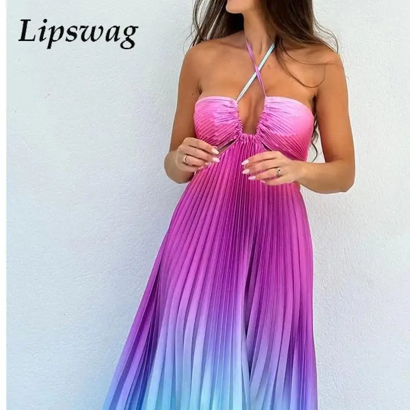 

Women Sexy Gradient Waist Hollow Dresses Beach Party Full Length Halter Long Dress Elegant 2024 One Shoulder Pleat Maxi Dress