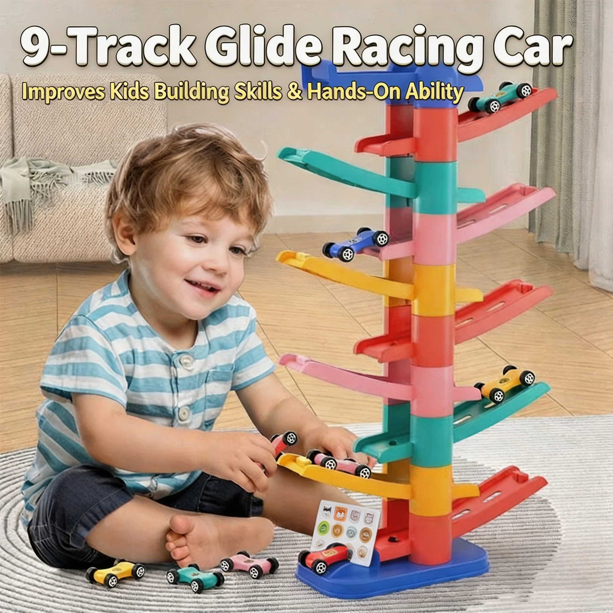 Inertia Slide Track Car Set, Stacking Blocks Glide Racing Toy, STEM Educational Birthday Gift for Kids Age 3-6 ﻿