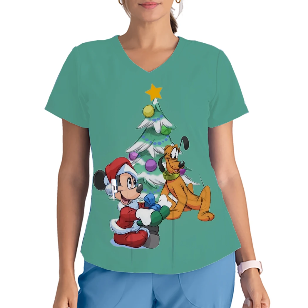 Women's Short Sleeve V Neck Top Nurse Uniform Work Shirt Disney Minnie Mickey Print Pocket Overalls Christmas Gift Nurse Uniform