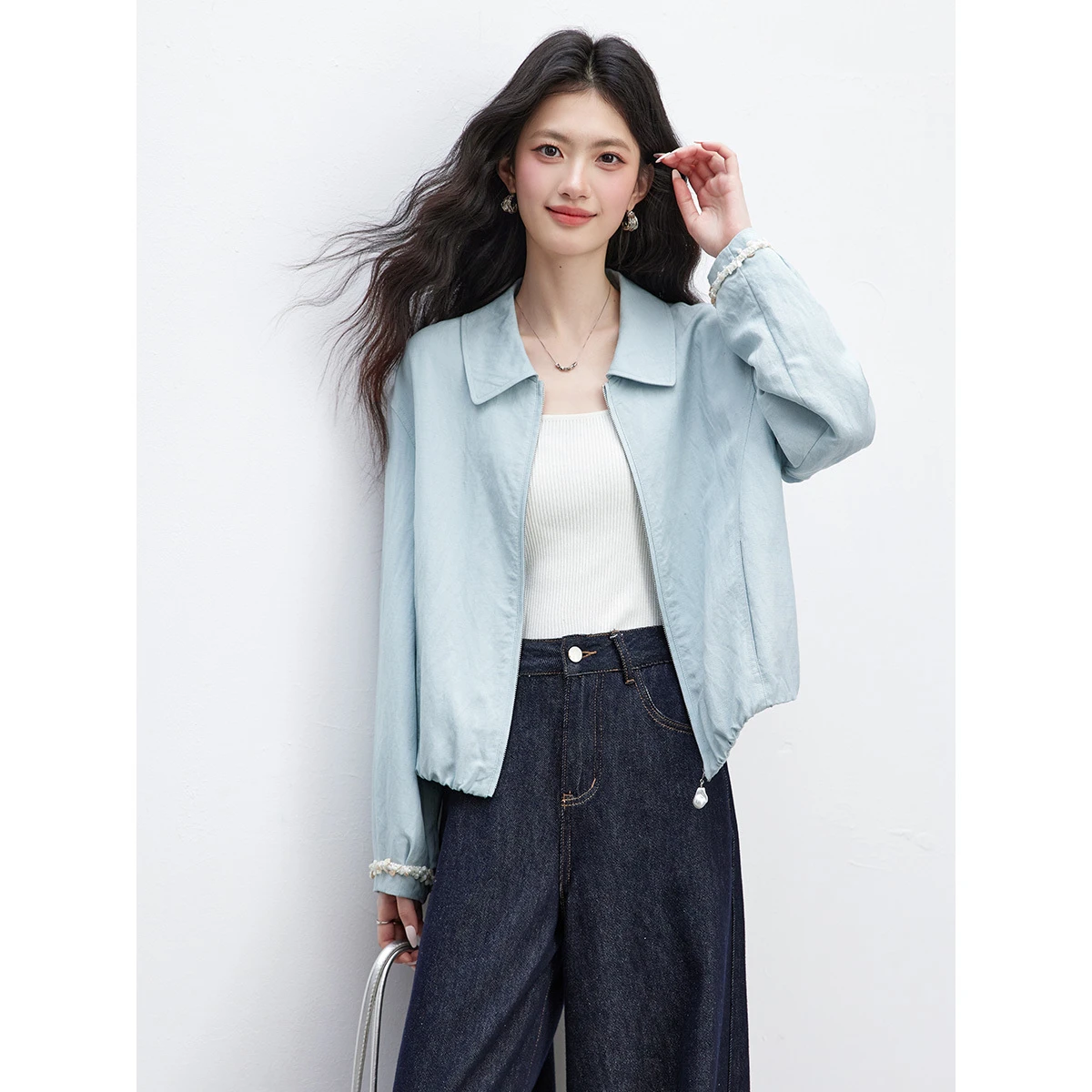 Chaqueta Corta Sólida para Mujer VIMLY, Nueva Colección Primavera 2026, con Parches y Cintas, Cuello Solapa Versátil, Cierre de Cremallera, Prenda Exterior Informal para Damas A3961