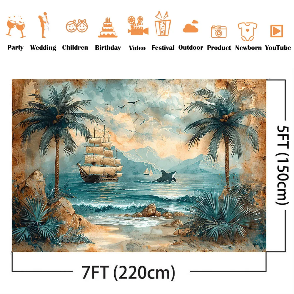 Photography Backdrop Shark Palm Trees Pirate TreasureBaby Kids Cake Samsh Photo Background Whimsical Ocean Theme Banner