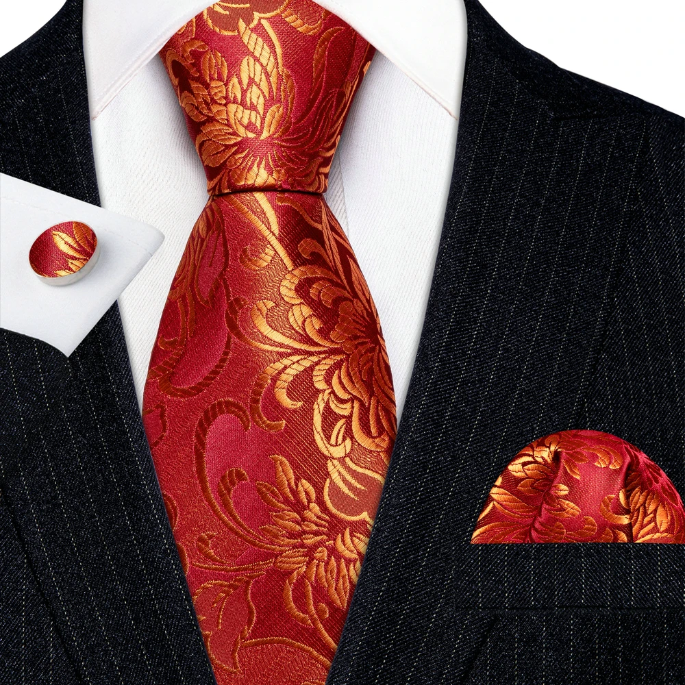 

Designer Mens Ties Red Gold Floral Silk Neck Tie Pocket Square Cufflinks Set Wedding Gift Barry·Wang Clip Brooches 5988