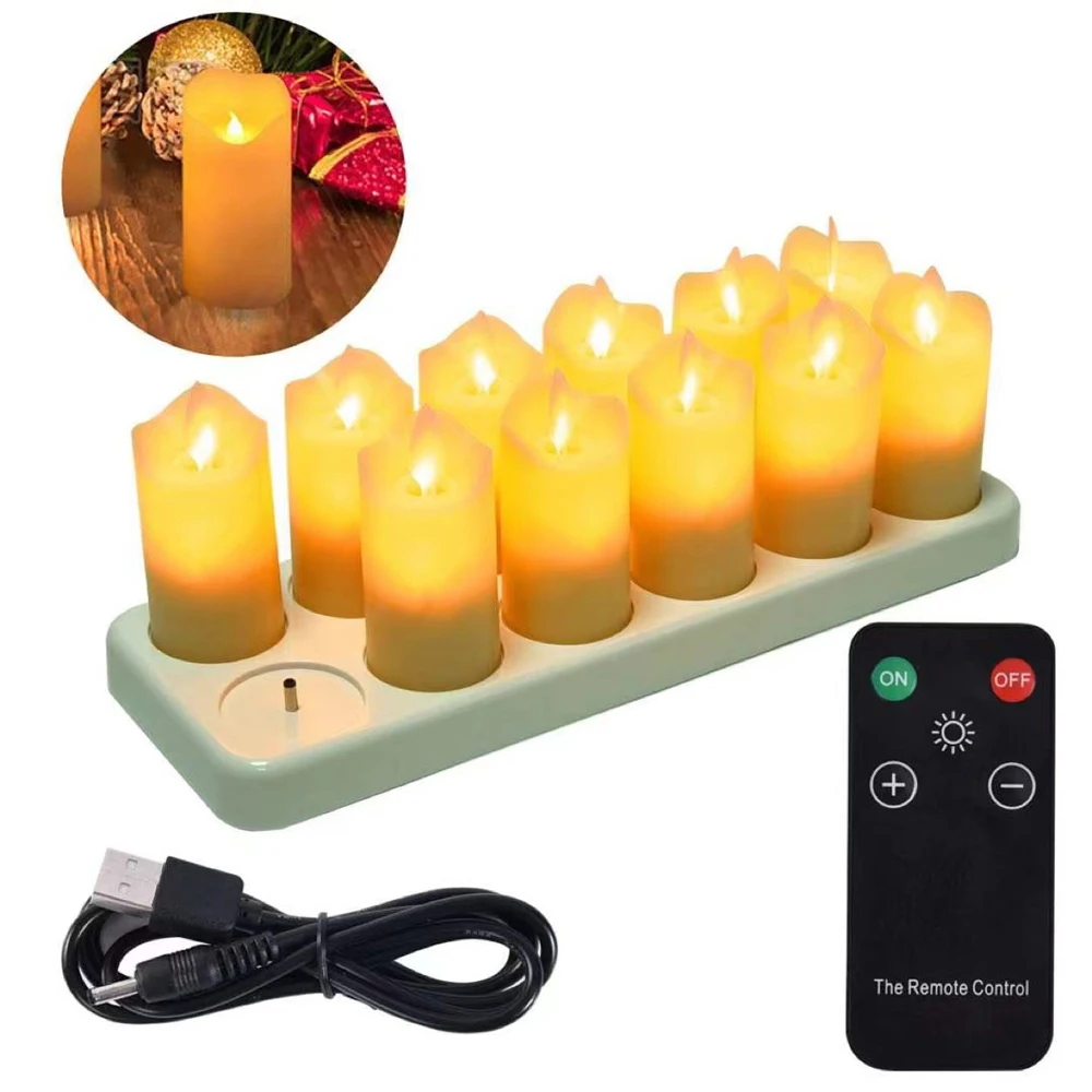 

Лидер продаж, украшение для дома, 12 шт., перезаряжаемые беспламенные желтые свечи с дистанционным управлением, мерцающие светодиодные свечи с движущимся пламенем