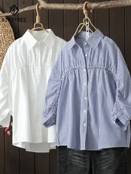 New Spring Summer Cotton Shirts Female Striped Tops Turn Down Collar Button Elastic 3/4 Sleeve Loose Blouse Summer 2023 T35436M