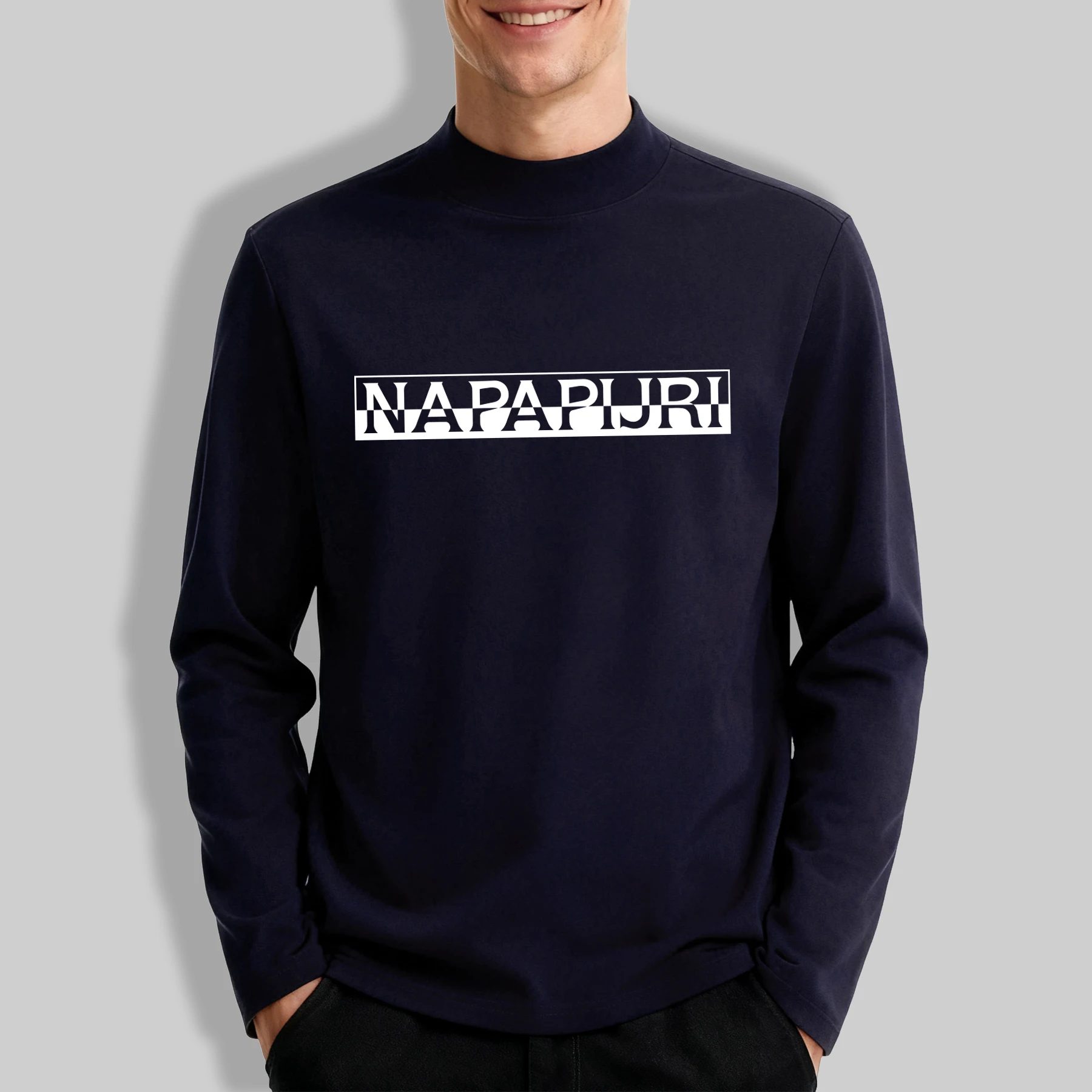 Misaligned Artistic Letters Men Outdoor Thin Tee Autumn Trendy Casual Unisex Mock Neck Clothing Mans Elasticity Long Sleeve