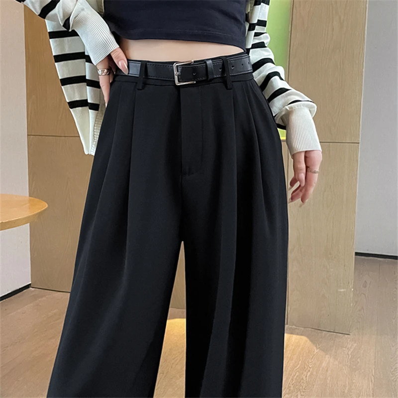 High Waist Suit Wide Leg Women\'s Full Pants with Belted 2024 New Spring Summer Female Elegant Minimalism Straight Loose Trousers