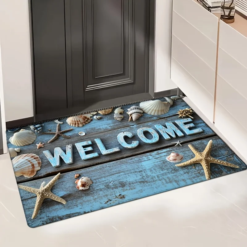 

1pc Vintage Coast Welcome Mat - Non-slip Machine Washable Doormat, Shell and Starfish Print Design, Polyester Fabric