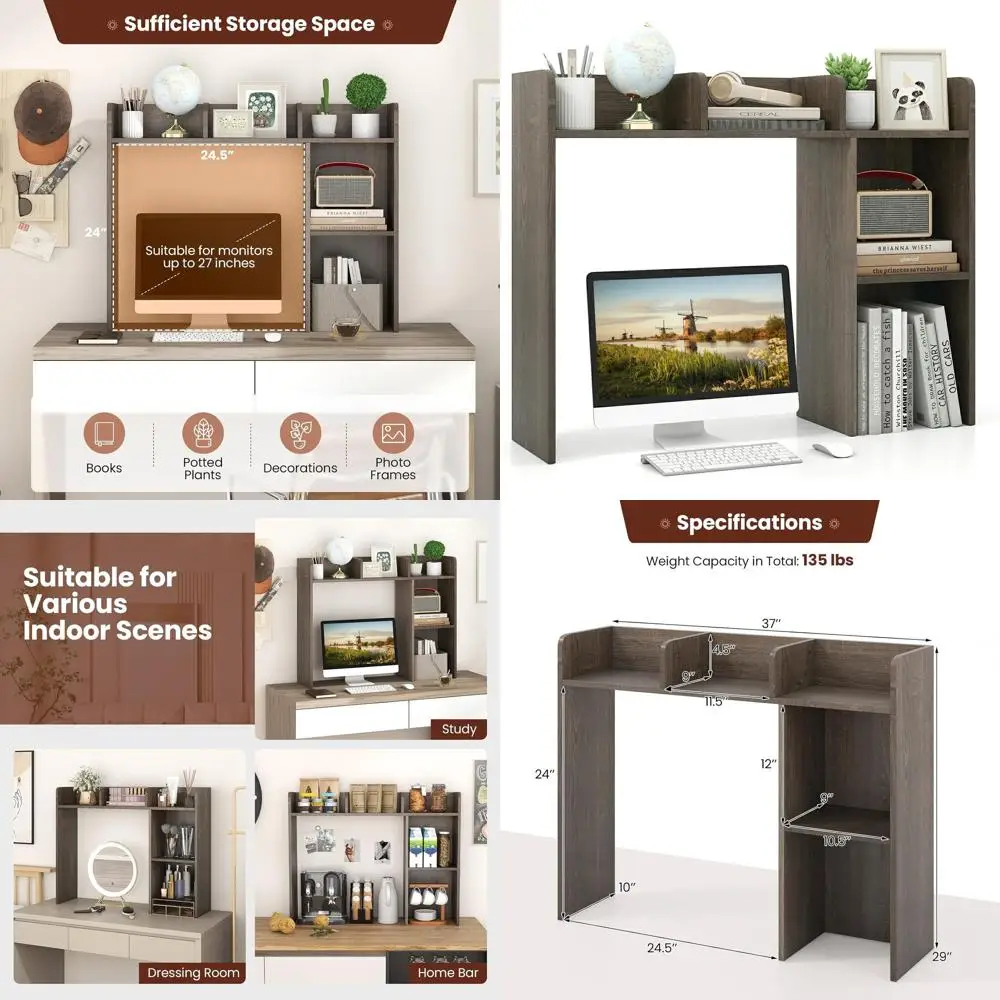 

Подставка для монитора 27 дюймов с 5 деревянными полками, защита от опрокидывания, многофункциональная настольная подставка для дома, офиса, общежития (серая)