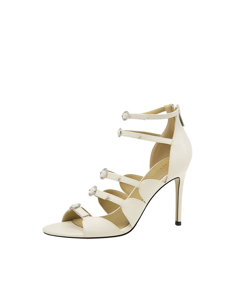 Summer new beige rhinestone buckle strap open toe sandals for banquets, large size small size slim heel high-heeled women's shoe