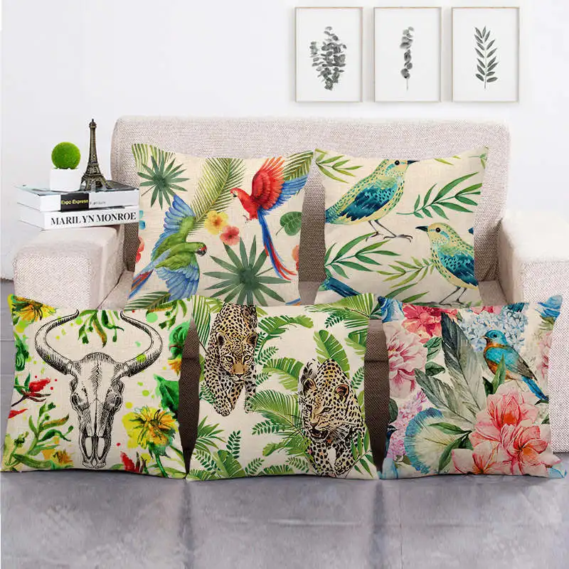 

Tropical Flower Pillowcase Hawaii Plant Bird Linen Pillow Covers Decorative Bed Sofa Garden Chair Pillow Case Home Decor 45x45