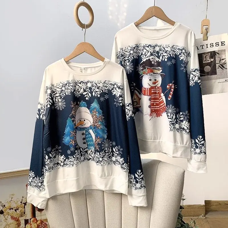 Damen Weihnachten Schneemann Lose Große Größe Casual Sweatshirt Langarm T-shirt Frühling und Herbst