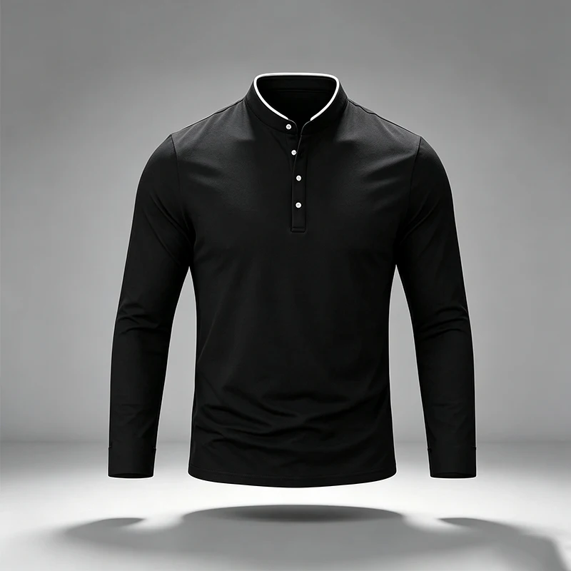Herren Polohemden mit Stehkragen, halber Knopfleiste, langen Ärmeln, vier Knöpfen, Henley-Stretch, knitterarm, für den Alltag, Freizeitoberteile – Detail 3
