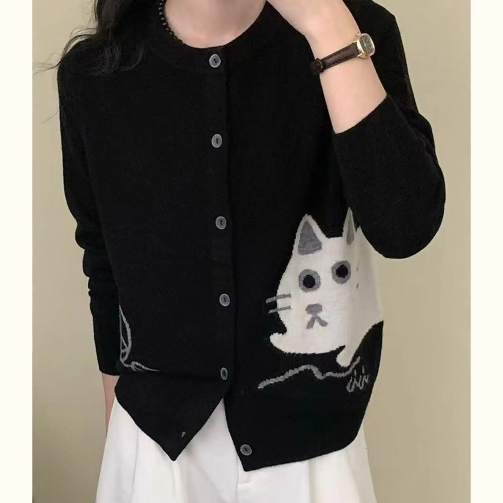 

Женский вязаный кардиган с мультяшным узором, новый свитер, куртка, осенне-зимний художественный свободный топ