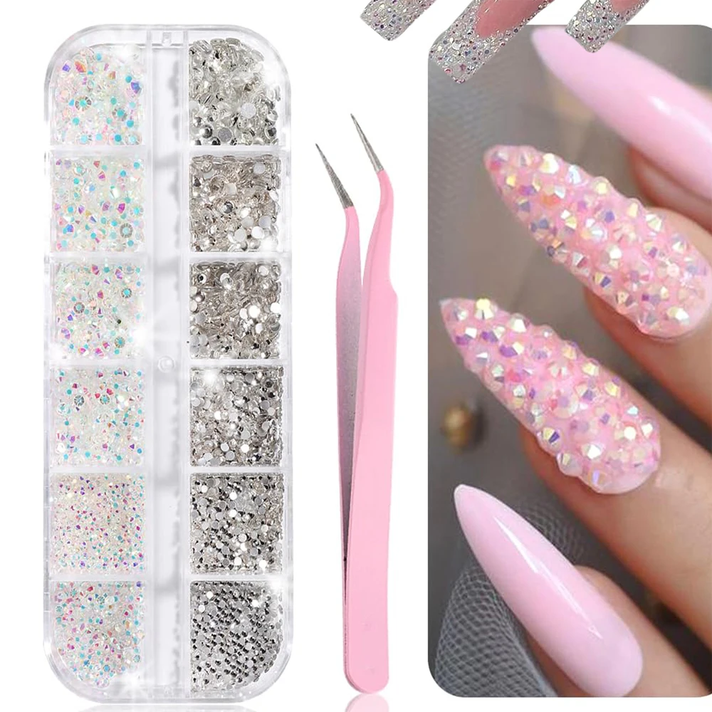 12 griglie Aurora Flatback Glass Nail Art Strass Misti Glitter Decorazioni per unghie Accessori per ciondoli Gemme Forniture per manicure