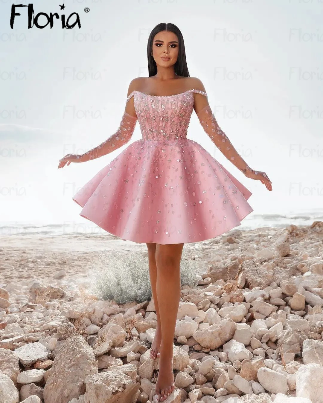 Elegant Pink Puffy Knee Length Prom Gowns Handmade Sparklr Crystals Graduation Party Dresses 2024 Birthday Wear Wedding Party