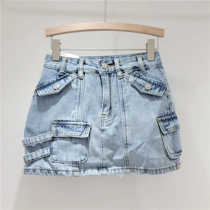 Korean Casual All-Match Multi-Pocket Workwear Style High Waist Denim Skirt Spring Summer Solid Color Short Hip Skirt for Women