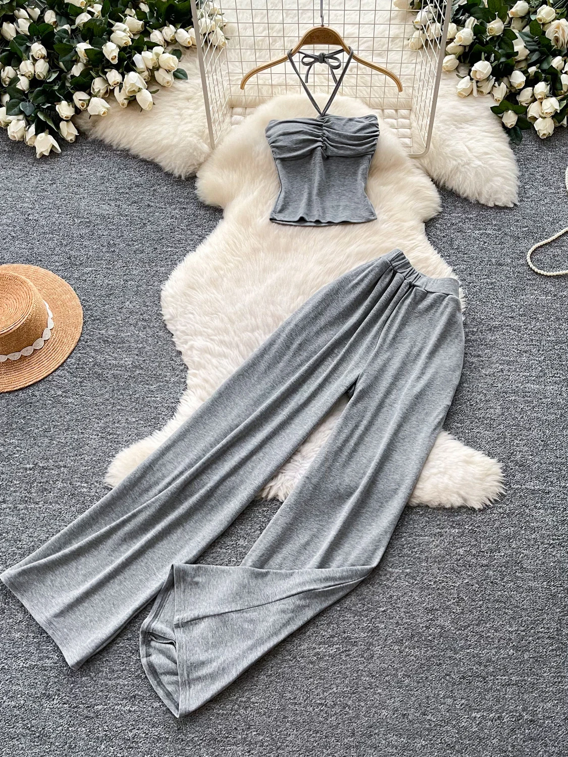 

Minimalist Luxury Halter Neck Pleated Vest High Waist Wide Leg Pants Slim Fit Two Piece Set Women Summer Slimming Outfit