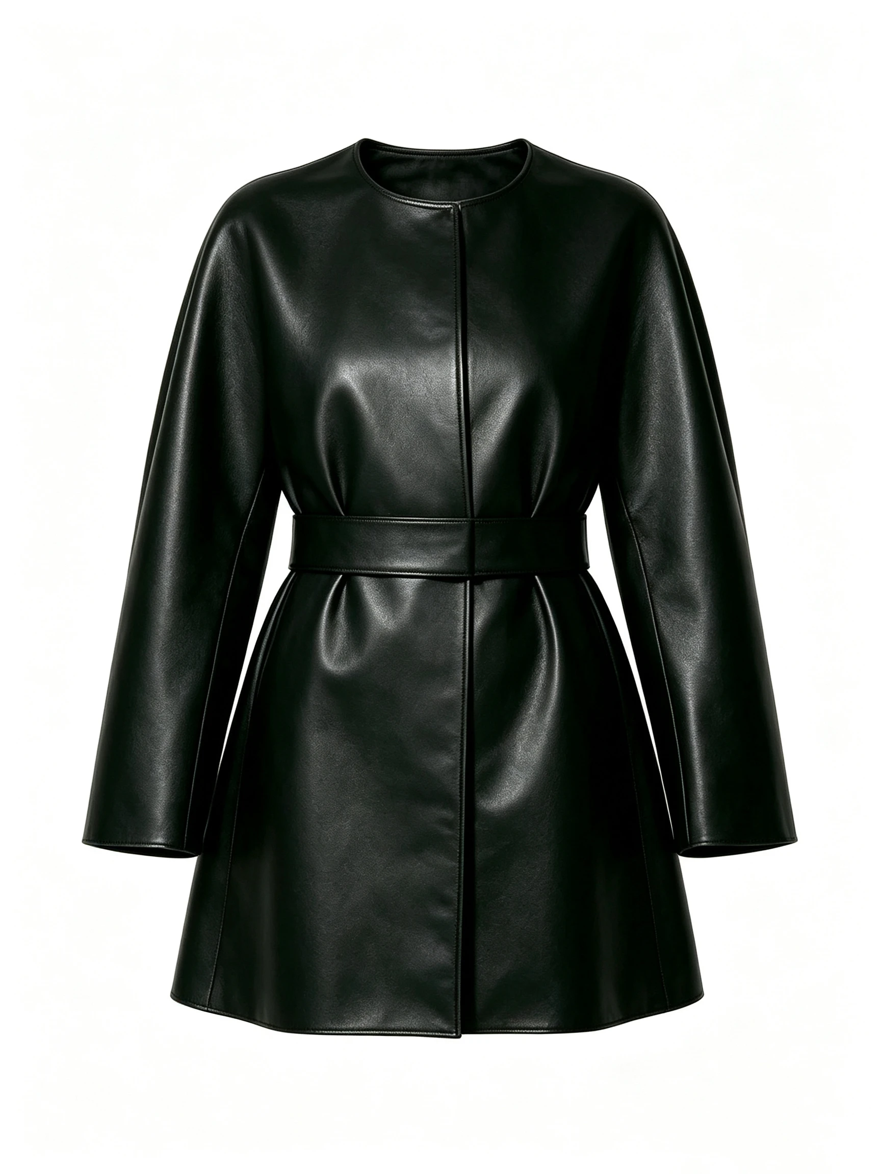 Women's Faux Leather Mini Dress with Wide Belt and A-Line Skirt