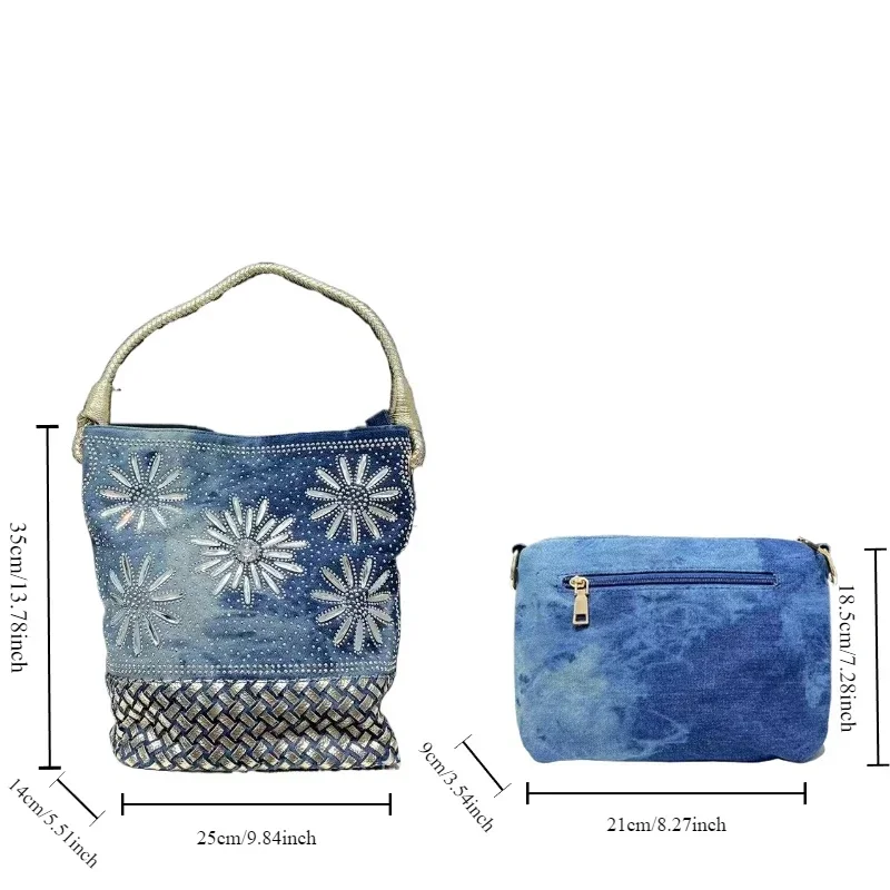 

Women's Fashion Denim Braided Tote Bag Large Capacity Diamond Floral Shoulder Crossbody Handbag