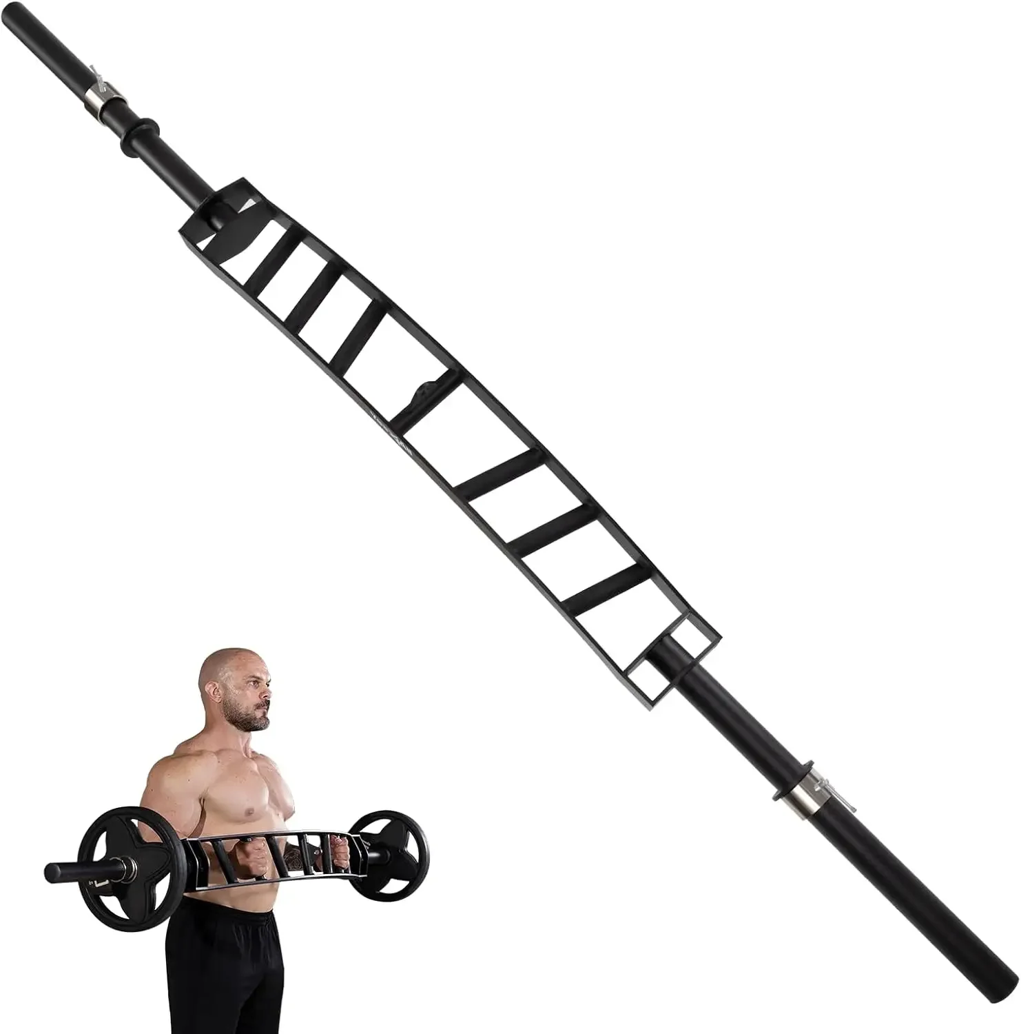 Multi Grip Barbell & Cable Attachment - Swiss Bar, American Bar for Greater Range of Motion, with 2 Collars, Fits Weight Plates
