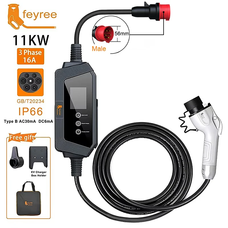 feyree EV Charger GBT Socket 11KW 16A 3Phase EVSE Portable Charging Box Adjust Current Set Delay Charging time for Electric Car