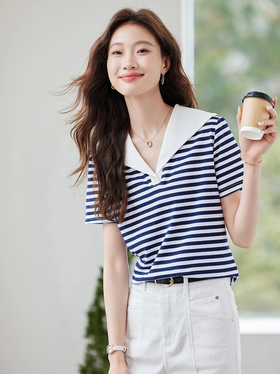 موضة الصيف قصيرة الأكمام بحار طوق المرأة تي شيرت تي شيرت مخطط المرأة بلايز Camisetas ملابس النساء الملابس التي شيرت XL307