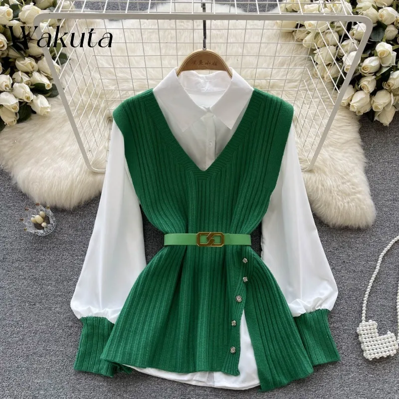 

WAKUTA Retro Autumn Loose Collar Patchwork White Shirt+V-neck Diagonal Buckle Knitted Vest Two-piece Set Victorian Blouse White