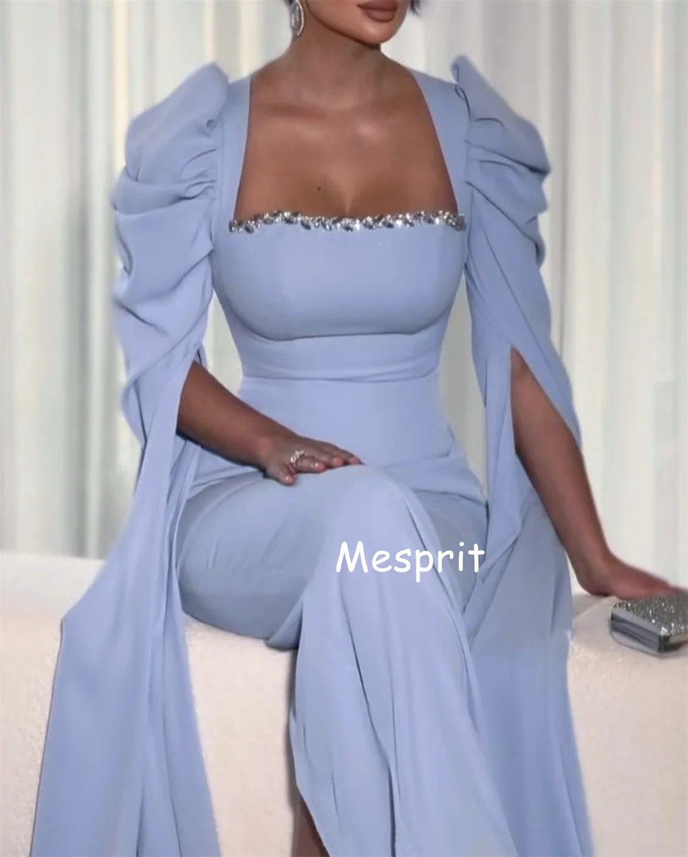 Customized Jersey Rhinestone Pleat Square Neck Long Dresses Bespoke Occasion Party Gown Elegant Evening Sparkle Classic