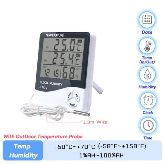 HTC-2 digital thermometer high precision for fish tank indoor and outdoor electronic wet and dry thermometer with wire probe