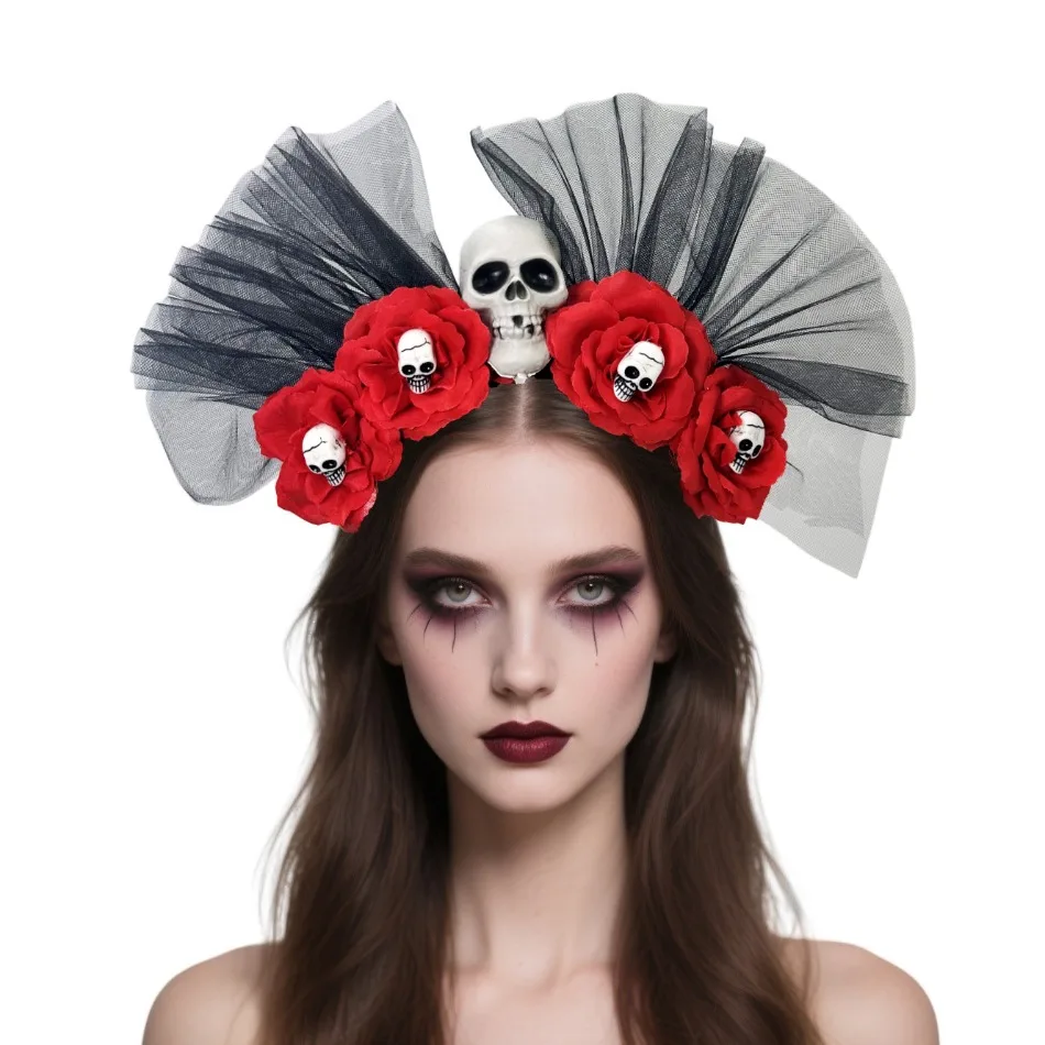 

Wholesale 6pc Halloween Mesh Flower Head Buckle Day of The Dead Ghost Festival Skull Headband Personalized Makeup Party Headgear