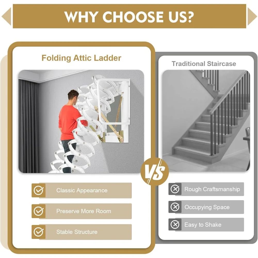 Scala per soffitta pieghevole a parete a 12 gradini con corrimano per un facile accesso e riporre salvaspazio