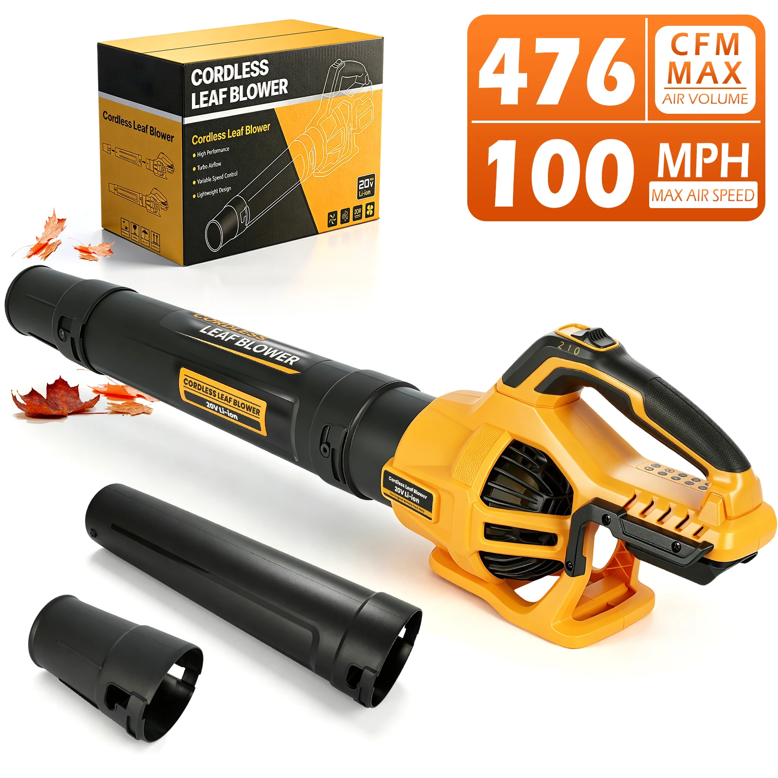 Cordless Leaf Blower 100MPH / 476CFM Brushless Portable 21V 2-Speed Adjustable Compatible with DEWALT 20V Battery Interface (Tool Only) for Yard, Lawn, Driveway Cleaning