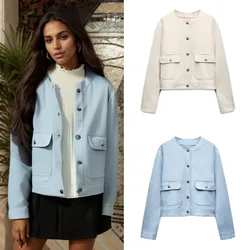 Women Fashion with Pockets Bomber Jacket Coats Vintage Long Sleeve Front Button Casual Female Outerwear Chic Tops