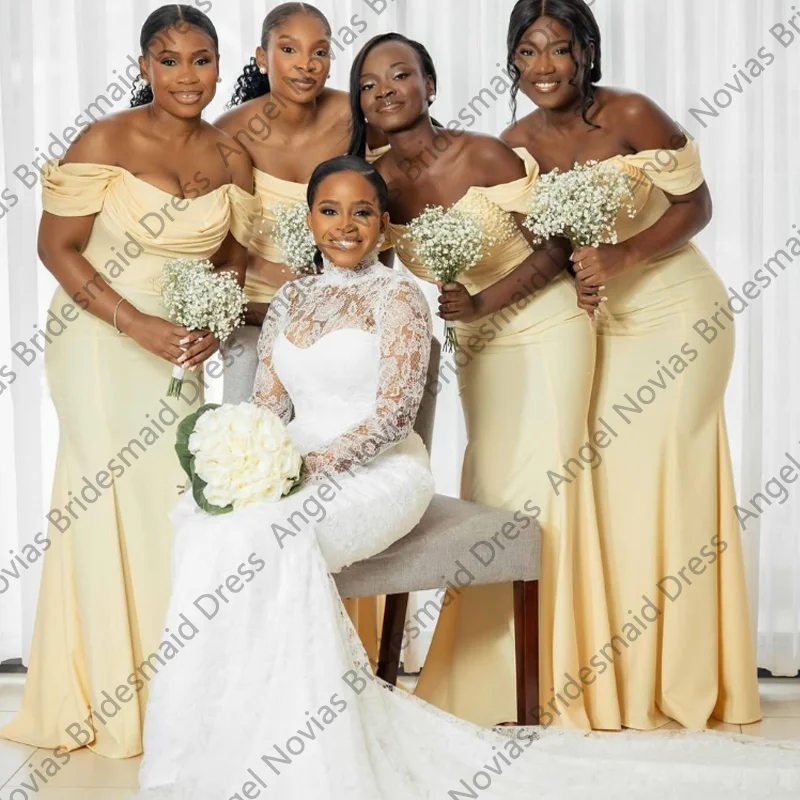 

Светло-желтые платья подружки невесты по индивидуальному заказу с открытыми плечами, свадебные платья для гостей, платья de boda para fiestas