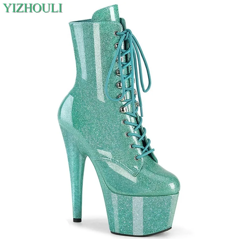 Sexy model 17cm/7Inches High Heels Women\'s Ankle Boots Shoes Round Head Sequined Vamp High-heeled Boots Party Pole dance shoes