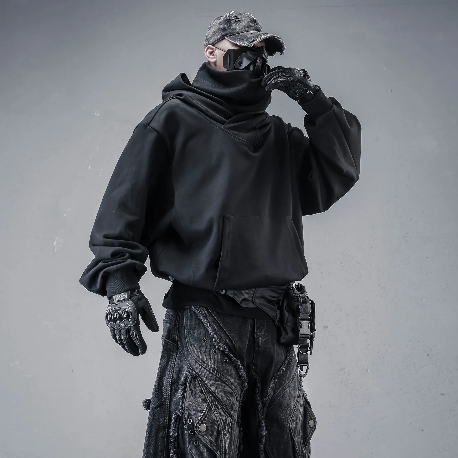 Heavy Industry Techwear  and Autumn Hooded Turtleneck Sweater Men's Loose Large Size High Street Double Collar Dark Hoodie