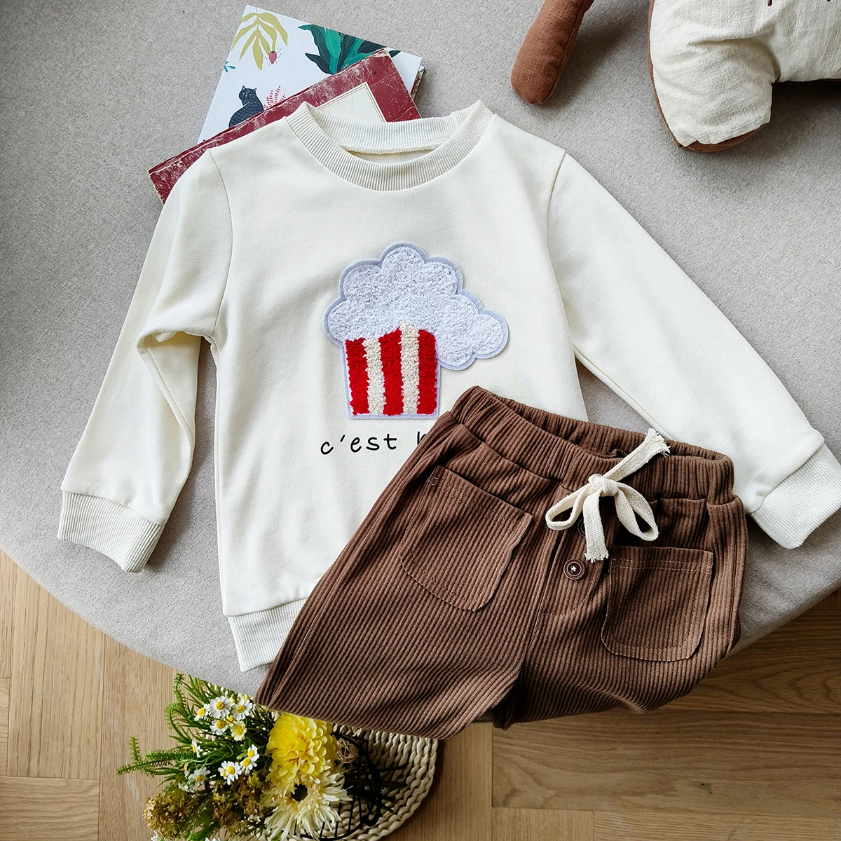 2024 autumn new in kids baby boys cute clothing set 2pcs - children toddler flocking ice cream top sweatshirts+pants