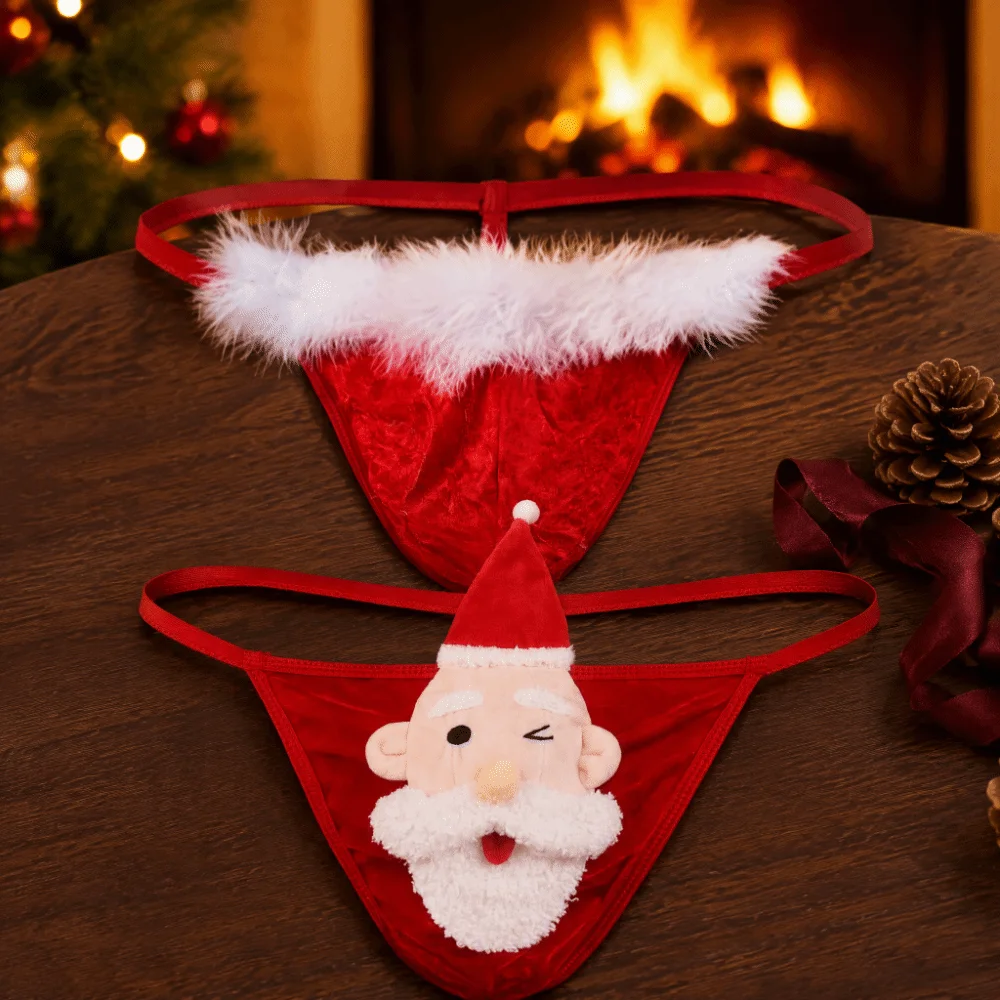 Soft Low Waist Christmas Men Thongs Underpants Thin Strap Santa Claus T-back Red Male Briefs Xmas