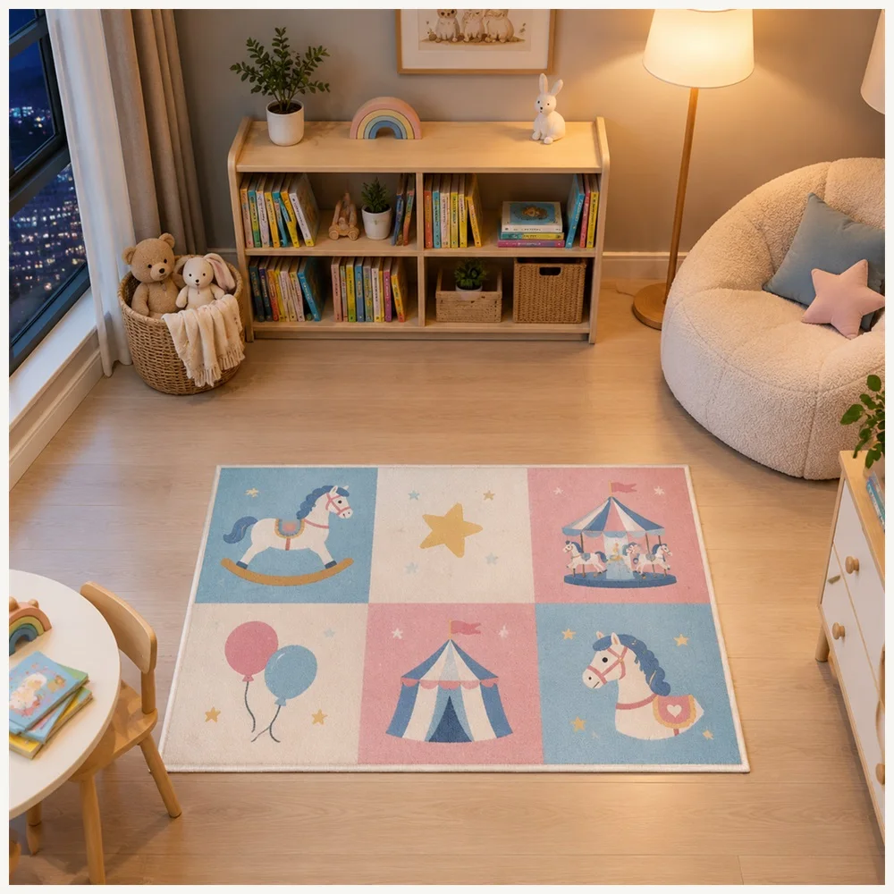 VIKAMA Kids Play Macaron Pink Blue Rocking Horse Flannel Door Mat, Thickened Memory Foam Mat, Home Decor for Landing, Pantry