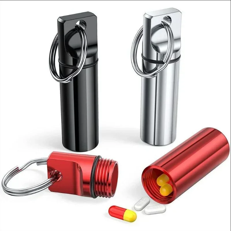 Portable Waterproof Aluminum Pill Box Keychain Carabiner Medicine Case Container Bottle Holder Outdoor Pill Case Vitamin Pillbox