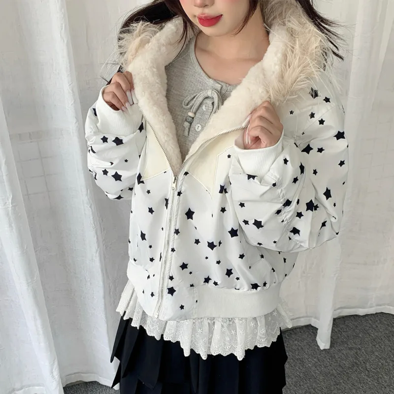 Y Demo Y2k Cute Winter Star Plush Collar Quilted Jacket For Women Zipper Warm Cotton Hooded Coat