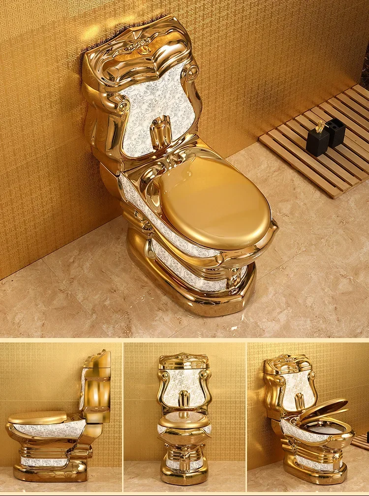 for Modern One-Piece Golden Ceramic Toilet Easy Clean Smooth Surface Elongated Electroplating Toilet Bowl With Column Wash Basin