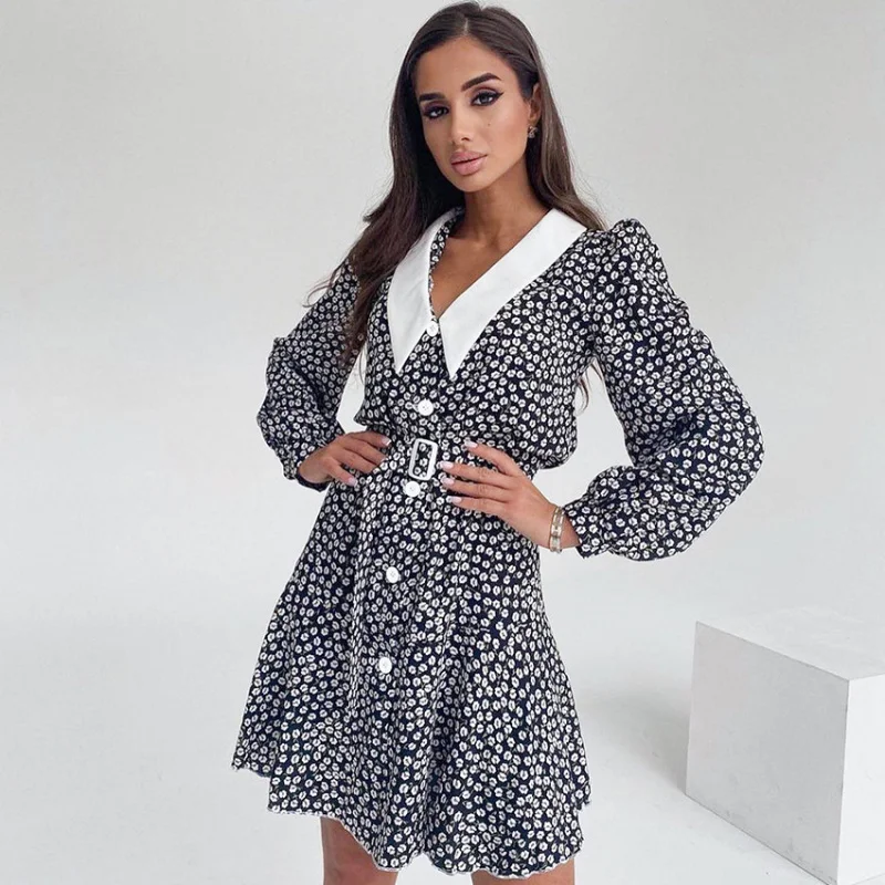 

Autumn Fashion Women's Puff Sleeve Floral Dress Commuting Versatile Short Dress Long SleeveALine Skirt Women