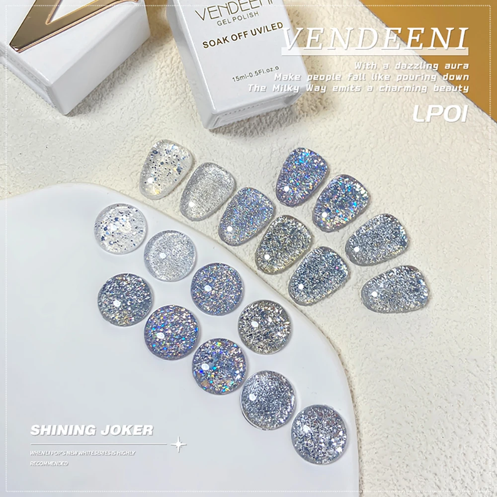 Vendeeni 9 Colors/Set Shiny Sequins Gel Nail Polish UV LED Soak Off Gel Lacquer Silver Glitter Gel Varnish For Nail Art Design