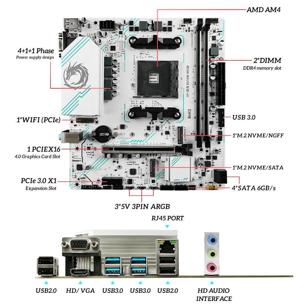 SOYO World Premiere AMD B550M Motherboard Gaming USB3.2 PCIE3.0 M.2 NVME Dual Channel DDR4 AM4 Soket Mendukung CPU Ryzen 5700X