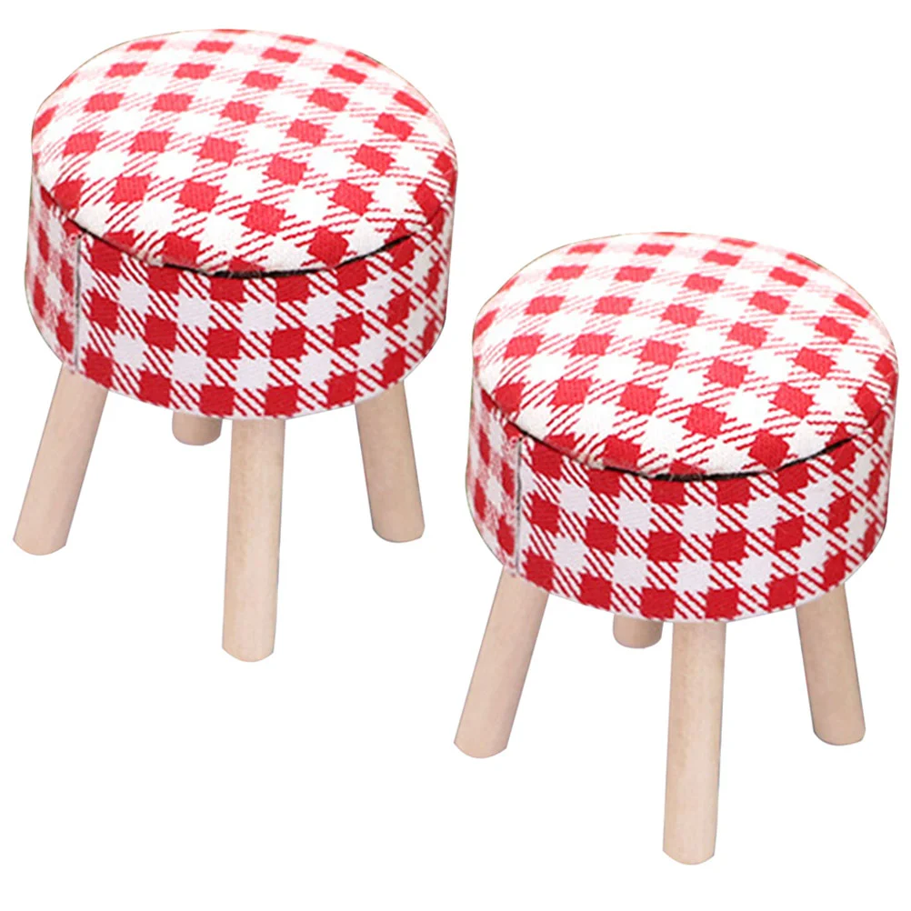 2 Pcs Home Decor House Dollhouse Stool Wooden Mini Furniture Baby Dinging Model Red Layout Prop Round