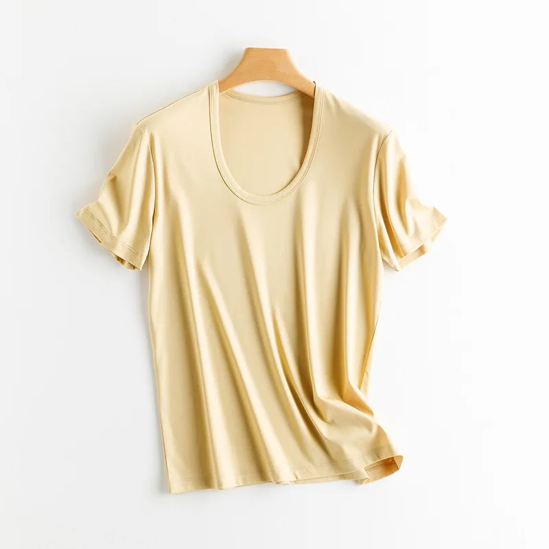 SuyaDream, Women Solid T Shirts, Silk Cotton Blend, Square Collar, Short Sleeved Tee, 2025 Summer Candy Colors Basic Cozy Top